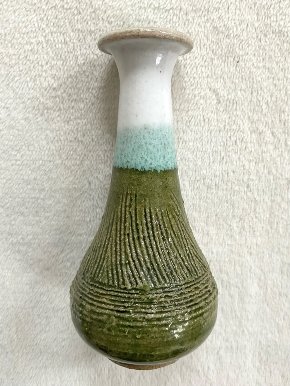 Signed Studio Pottery Bud Vase Green Drip Glaze Textured Art Pottery 4.5”